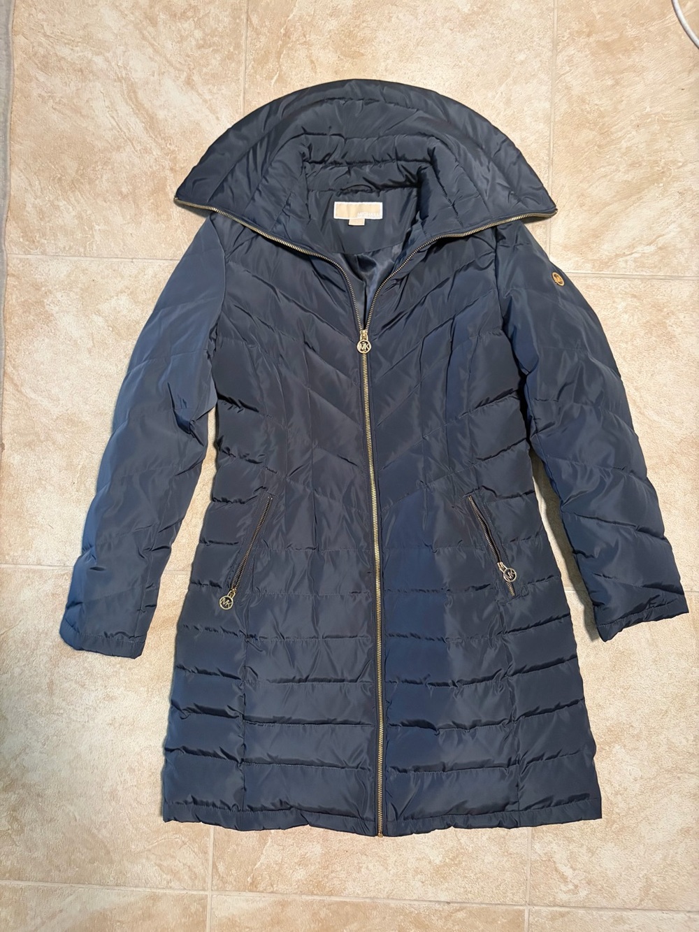Michael Kors Dark Navy Long Quilted Puffer Coat with Hood